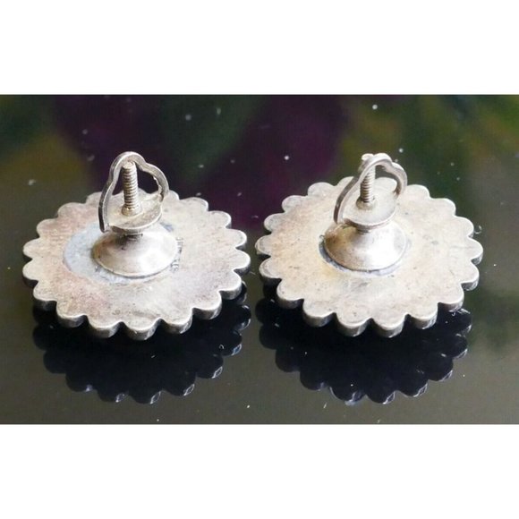 Antique Sterling Silver & Turquoise Pierced Earrings with Threaded Screw Backs - Picture 7 of 9